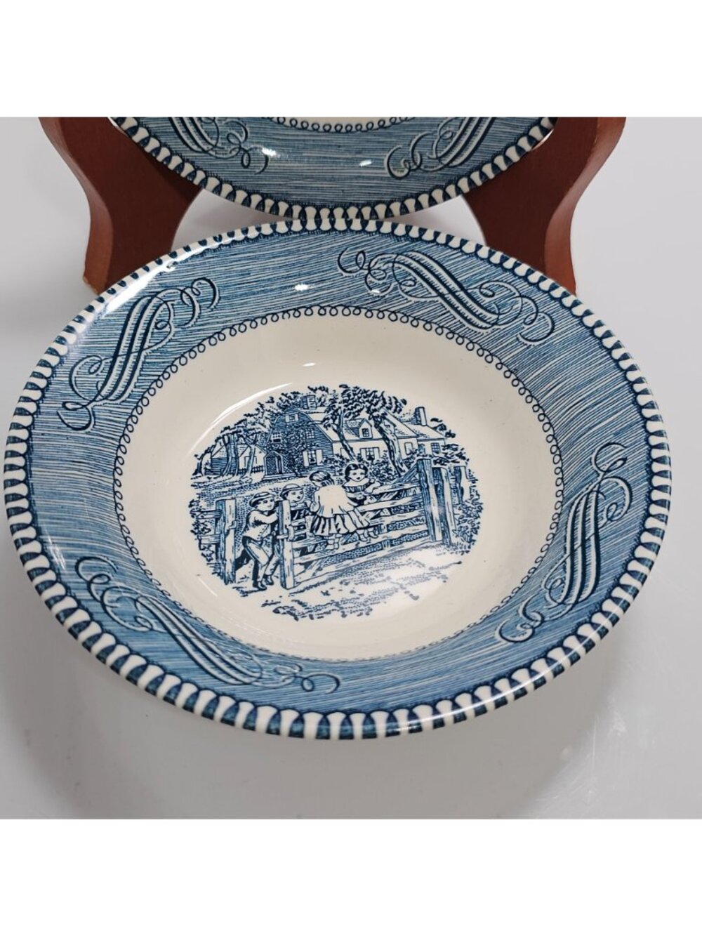 2 Currier Ives Dessert Bowl Old Farm Gate 5.5" Royal Pottery blue white made USA - Picture 7 of 7